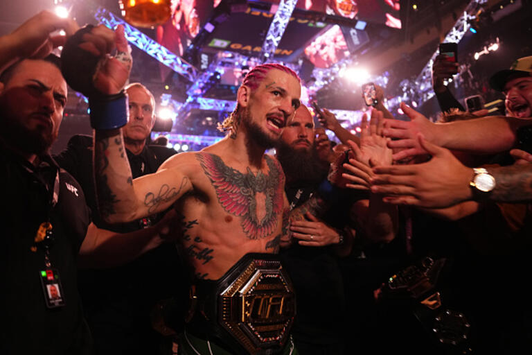 Sean O'Malley reacts after his knockout victory over Aljamain Sterling in the UFC bantamweight championship fight during the UFC 292 event at TD Garden on August 19, 2023 in Boston, Massachusetts. (Photo by Cooper Neill/Zuffa LLC)