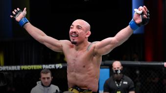 Jose Aldo of Brazil reacts after his victory over Rob Font in their bantamweight fight during the UFC Fight Night event at UFC APEX on December 04, 2021 in Las Vegas, Nevada. (Photo by Jeff Bottari/Zuffa LLC)