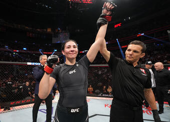 Irene Aldana of Mexico reacts after her victory over Macy Chiasson in a 140-pound catchweight fight during the UFC 279 event at T-Mobile Arena on September 10, 2022 in Las Vegas, Nevada. (Photo by Jeff Bottari/Zuffa LLC)