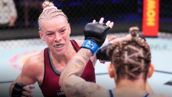 Hailey Cowan punches Claudia Leite of Brazil in a bantamweight fight during Dana White's Contender Series season six, week four at UFC APEX on August 16, 2022 in Las Vegas, Nevada. (Photo by Chris Unger/Zuffa LLC)