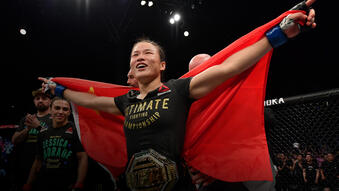 Zhang Weili of China celebrates after her knockout victory over Jessica Andrade of Brazil in their UFC strawweight championship bout during the UFC Fight Night event at Shenzhen Universiade Sports Centre on August 31, 2019 in Shenzhen, China. (Photo by Brandon Magnus/Zuffa LLC)