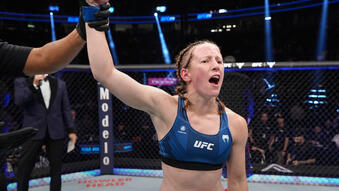 Elise Reed reacts after her victory over Melissa Martinez of Mexico in a strawweight fight during the UFC 279 event at T-Mobile Arena on September 10, 2022 in Las Vegas, Nevada. (Photo by Jeff Bottari/Zuffa LLC)