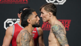 Mando Gutierrez and Cody Gibson face off ahead of their fight on Season 31 of The Ultimate Fighter, 2023 (Photo by Chris Unger/Zuffa LLC)