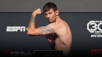 Tim Means poses on the scale during the UFC Fight Night weigh-in at UFC APEX on September 22, 2023 in Las Vegas, Nevada. (Photo by Jeff Bottari/Zuffa LLC)