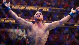 Justin Gaethje celebrates beating Dustin Poirier during their BMF Title Lightweight fight at UFC 291 at the Delta Center July 29, 2023 at the in Salt Lake City, Utah. (Photo by Chris Gardner/Getty Images)