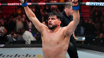 Kelvin Gastelum reacts after the conclusion of his middleweight fight against Chris Curtis during the UFC 287 event at Kaseya Center on April 08, 2023 in Miami, Florida. (Photo by Jeff Bottari/Zuffa LLC)