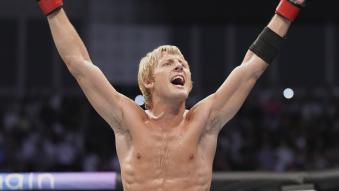 Paddy Pimblett of England celebrates after his victory over Jordan Leavitt in a lightweight fight during the UFC Fight Night event at O2 Arena