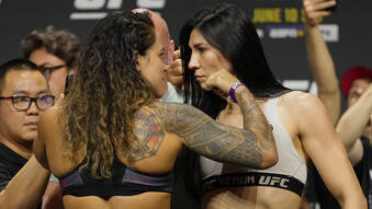 Opponents Amanda Nunes of Brazil and Irene Aldana of Mexico face off during the UFC 289 ceremonial weigh-in at Rogers Arena on June 09, 2023 in Vancouver, British Columbia
