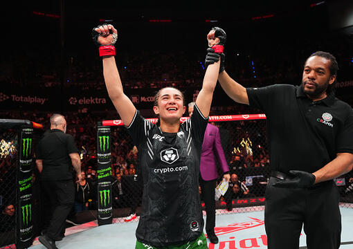 Yazmin Jauregui of Mexico reacts after defeating Sam Hughes in a strawweight fight during the UFC Fight Night event at Arena CDMX on February 24, 2024 in Mexico City, Mexico. (Photo by Josh Hedges/Zuffa LLC)