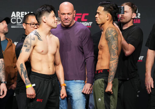 Brandon Moreno of Mexico and Brandon Royval face off during the UFC Fight Night ceremonial weigh-in at CDMX Arena on February 23, 2024 in Mexico City, Mexico. (Photo by Josh Hedges/Zuffa LLC)