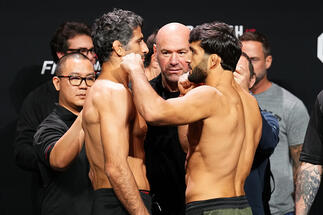 Beneil Dariush of Iran and Arman Tsarukyan of Georgia face off during the UFC Fight Night ceremonial weigh-in at Moody Center on December 01, 2023 in Austin, Texas. (Photo by Josh Hedges/Zuffa LLC)