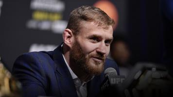 Jan Blachowicz of Poland interacts with media during the UFC 259 press conference at UFC APEX on March 04, 2021 in Las Vegas, Nevada. (Photo by Chris Unger/Zuffa LLC)