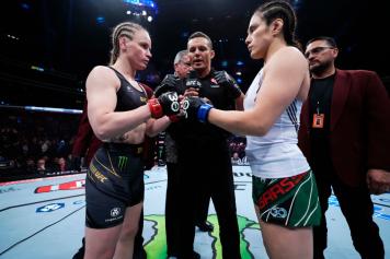 Opponents Valentina Shevchenko of Kyrgyzstan and Alexa Grasso of Mexico face off prior to the UFC flyweight championship fight during the UFC 285 event at T-Mobile Arena on March 04, 2023 in Las Vegas, Nevada. (Photo by Jeff Bottari/Zuffa Getty Images)