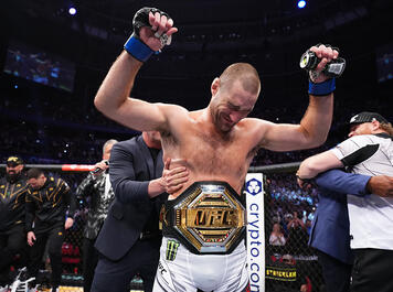 Sean Strickland reacts after a unanimous-decision victory over Israel Adesanya of Nigeria in the UFC middleweight championship fight during the UFC 293 event at Qudos Bank Arena on September 10, 2023 in Sydney, Australia. (Photo by Chris Unger/Zuffa LLC)