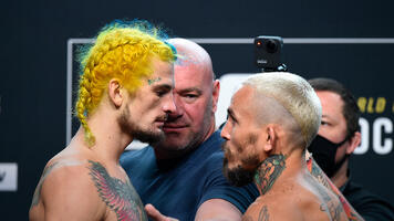 Sean O'Malley and Marlon Vera of Ecuador face off during the UFC 252 weigh-in at UFC APEX on August 14, 2020 in Las Vegas, Nevada. (Photo by Chris Unger/Zuffa LLC)